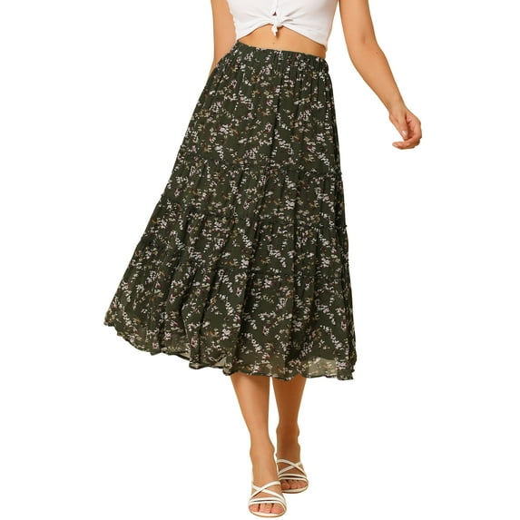 INSPIRE CHIC Women's Floral Skirt Elastic High Waist Ankle Length Chiffon A-Line Skirt XL Green