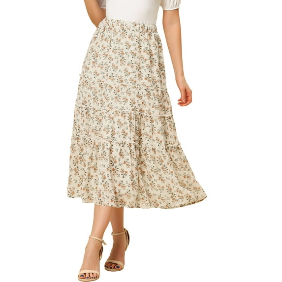 INSPIRE CHIC Women's Floral Skirt Elastic High Waist Ankle Length Chiffon A-Line Skirt XL White A