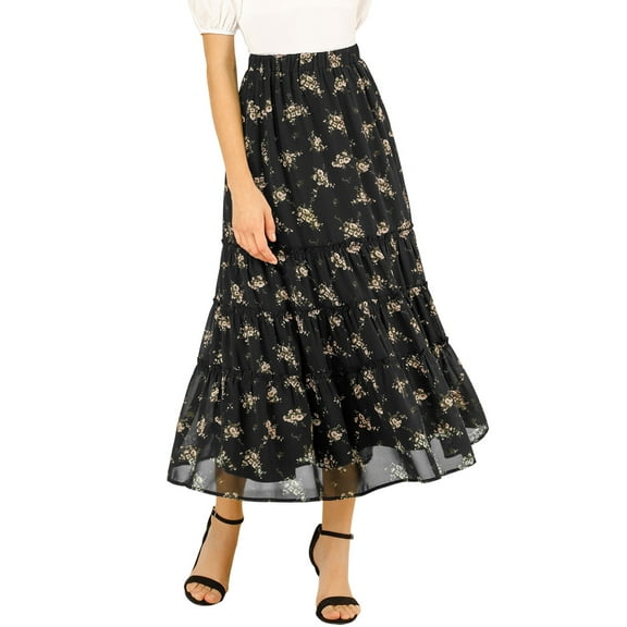 INSPIRE CHIC Women's Floral Skirt Elastic High Waist Ankle Length Chiffon A-Line Skirt XS Black