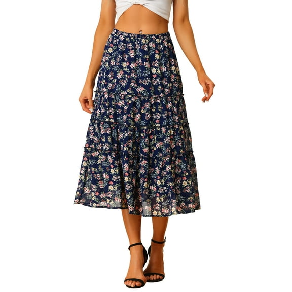 INSPIRE CHIC Women's Floral Skirt Elastic High Waist Ankle Length Chiffon A-Line Skirt XS Navy Blue