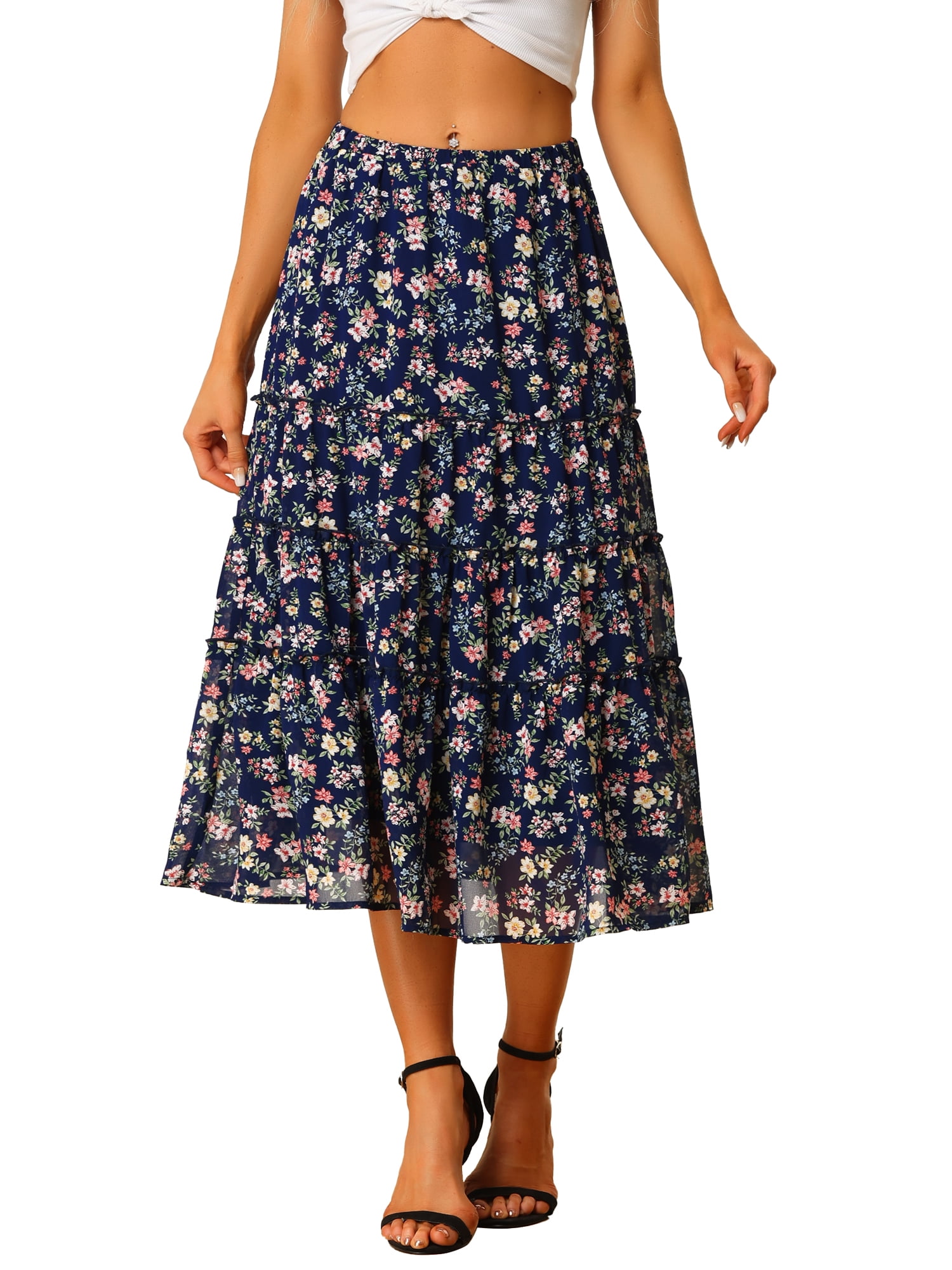 Allegra K Women's Floral Print Elastic Waist Ruffle Maxi Tiered Skirt ...