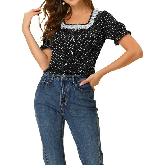 Allegra K Women's Floral Print Lace Contrast Collar Puff Short Sleeve Blouse