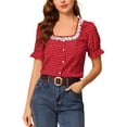 thumbnail image 1 of INSPIRE CHIC Women's Floral Print Lace Contrast Collar Puff Short Sleeve Blouse XS Red, 1 of 6