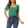 thumbnail image 1 of INSPIRE CHIC Women's Floral Print Lace Contrast Collar Puff Short Sleeve Blouse M Green, 1 of 5