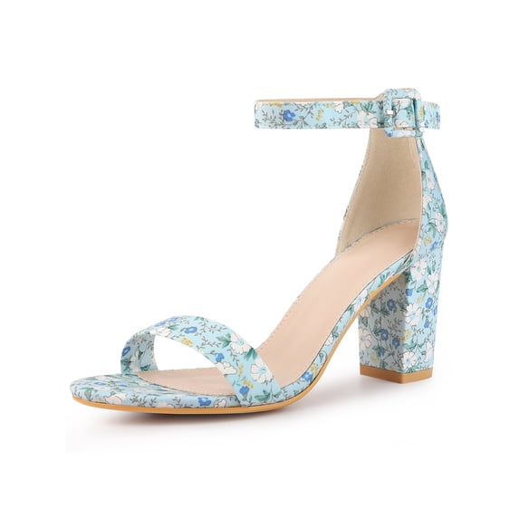 BLISSFUL STEP Women's Shoes Flower Print Open Toe Block High Heels Summer Sandals Blue 8