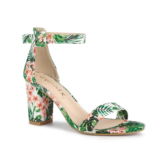 BLISSFUL STEP Women's Shoes Flower Print Open Toe Block High Heels Summer Sandals Green 9