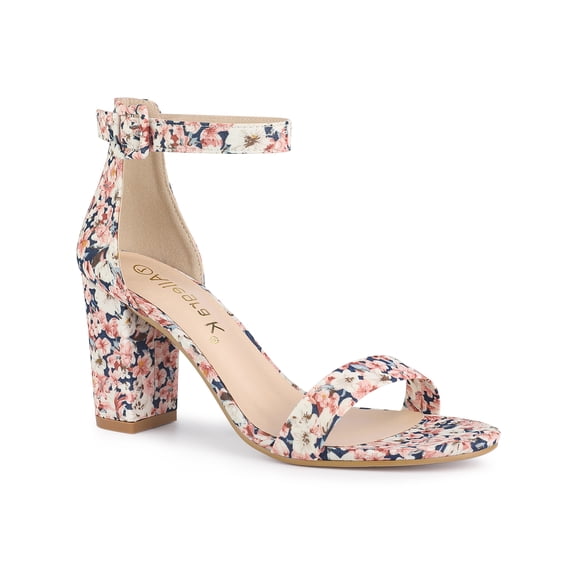 BLISSFUL STEP Women's Shoes Flower Print Open Toe Block High Heels Summer Sandals Pink 6.5