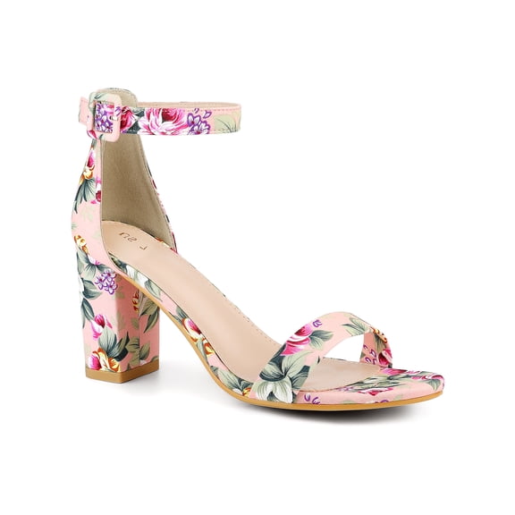 BLISSFUL STEP Women's Shoes Flower Print Open Toe Block High Heels Summer Sandals Pink Flowers 10.5