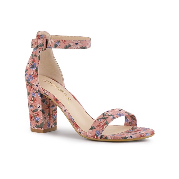 BLISSFUL STEP Women's Shoes Flower Print Open Toe Block High Heels Summer Sandals Pink Red 12