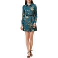 thumbnail image 1 of INSPIRE CHIC Women's Floral Print Point Collar Button Down Belted Satin Dress S Peacock Blue, 1 of 5