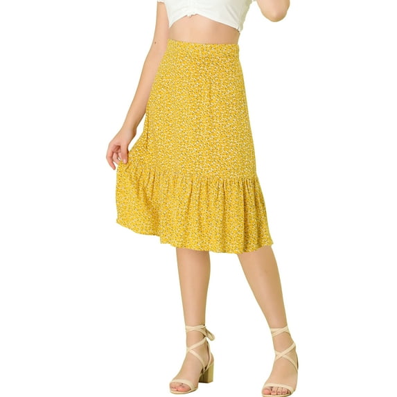 Allegra K Women's Floral Print Ruffle Hem High Elastic Waist a-Line Midi Skirt