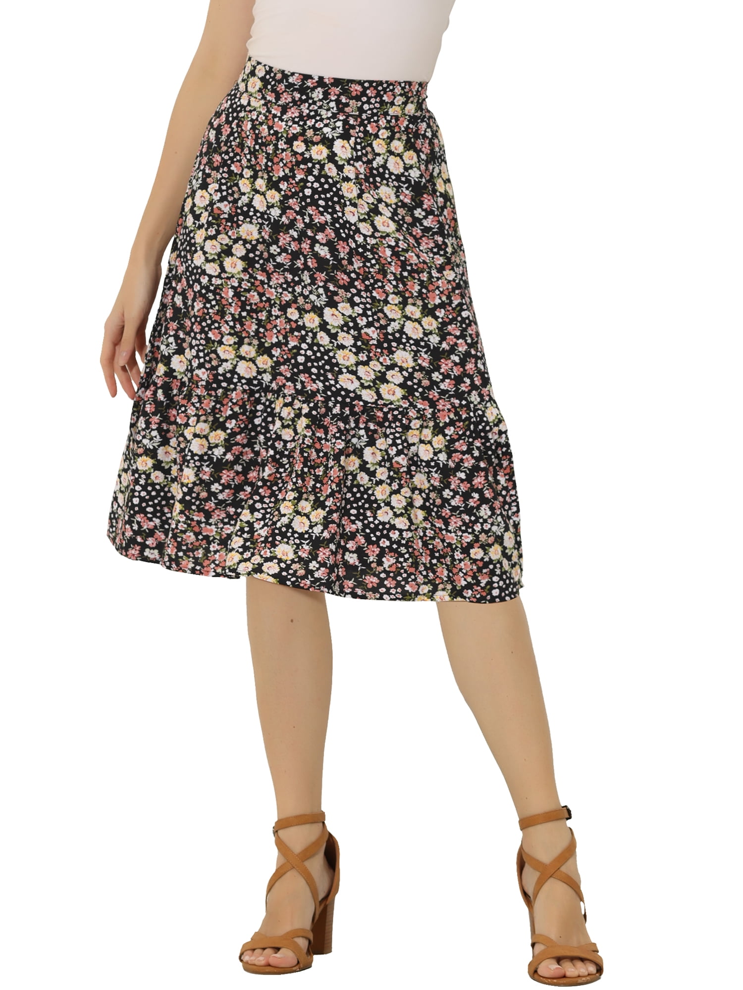 Allegra K Women's Floral Print Ruffle Hem High Elastic Waist a