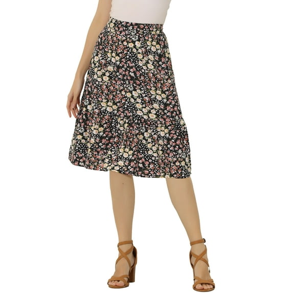 Allegra K Women's Floral Print Ruffle Hem High Elastic Waist a-Line Midi Skirt