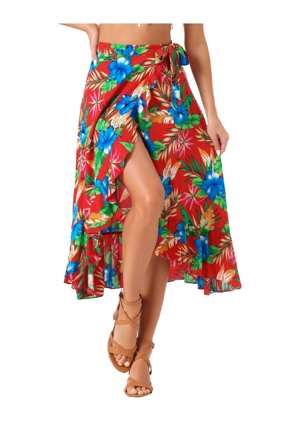 Women's Tropical Floral Print Ruffle Self Tie Knot Split Beach Hawaiian Wrap Skirt L Red