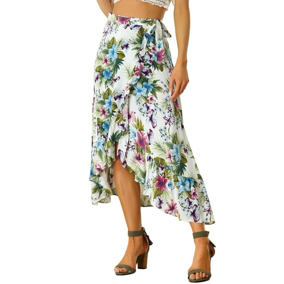 INSPIRE CHIC Women's Tropical Floral Print Ruffle Self Tie Knot Split Beach Hawaiian Wrap Skirt S White