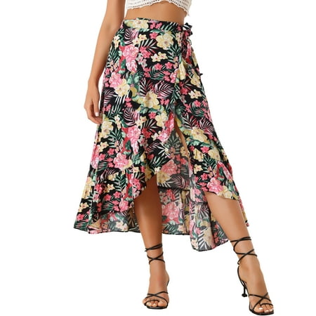 INSPIRE CHIC Women's Skirt Tropical Floral Print Ruffle Self Tie Knot Split Beach Hawaiian Wrap Skirt Black XL