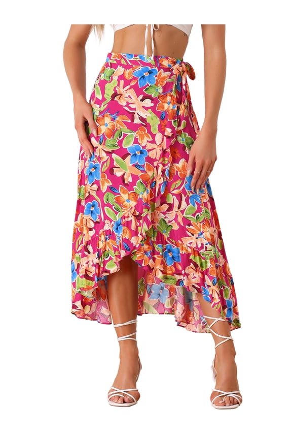Women's Tropical Floral Print Ruffle Self Tie Knot Split Beach Hawaiian Wrap Skirt L Hot Pink