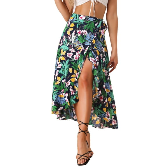 INSPIRE CHIC Women's Tropical Floral Print Ruffle Self Tie Knot Split Beach Hawaiian Wrap Skirt XS Dark Blue