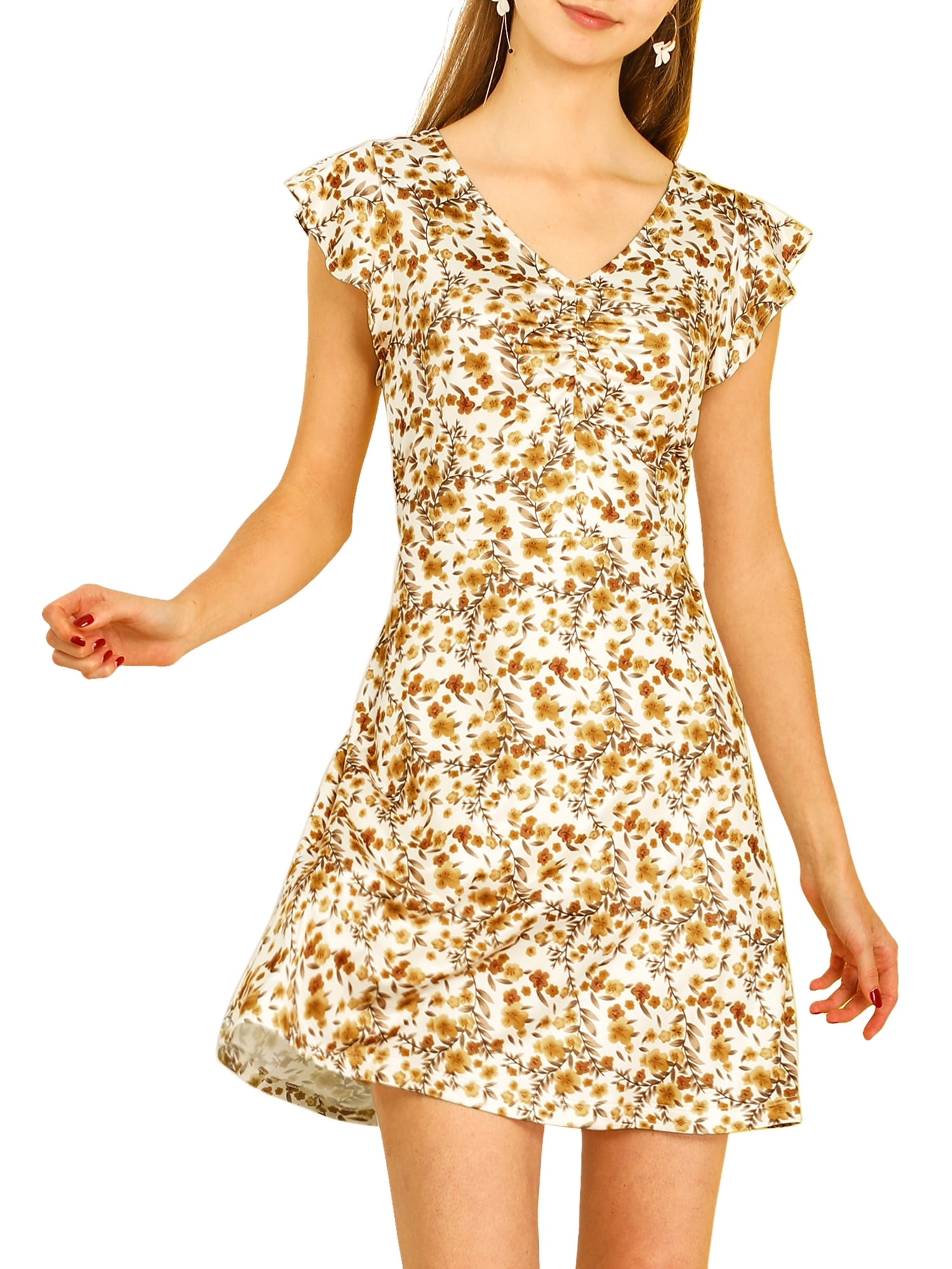 Allegra K Women's Floral Print Ruffled Sleeve V-Neck a-Line Casual Mini
