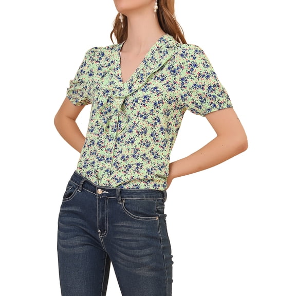 INSPIRE CHIC Women's Floral Print Rufle Button Up Puff Short Sleeves Blouse Top M Green
