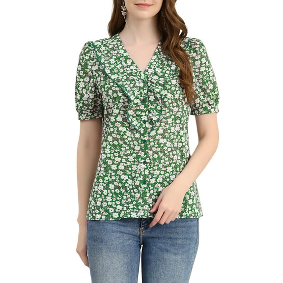 INSPIRE CHIC Women's Floral Print Rufle Button Up Puff Short Sleeves Blouse Top XS Green-White