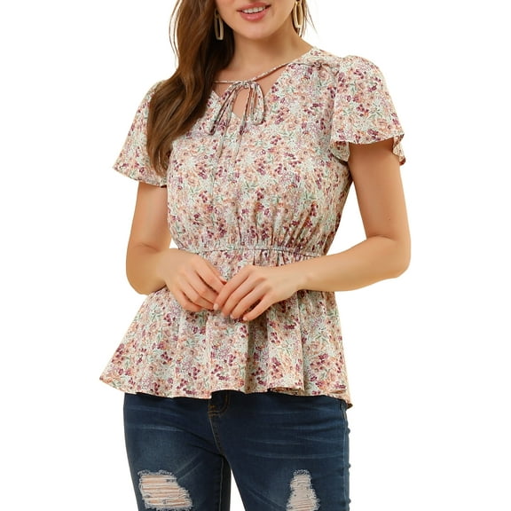 INSPIRE CHIC Women's Floral Print Short Sleeve High Waisted Tie Neck Peplum Tops S Pink