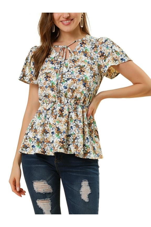 Women's Floral Print Short Sleeves High Waist Tie Neck Peplum Top XS Blue