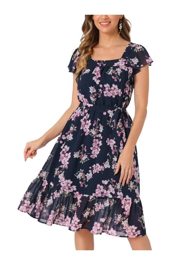 Women's Floral Print Elastic Waist Square Neck Ruffled Hem Belted Midi Dress Blue Pink L