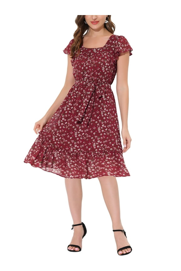 Women's Floral Print Elastic Waist Square Neck Ruffled Hem Belted Midi Dress Burgundy L