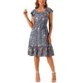 thumbnail image 1 of INSPIRE CHIC Women's Floral Print Elastic Waist Square Neck Ruffled Hem Belted Midi Dress Dusty Blue L, 1 of 4