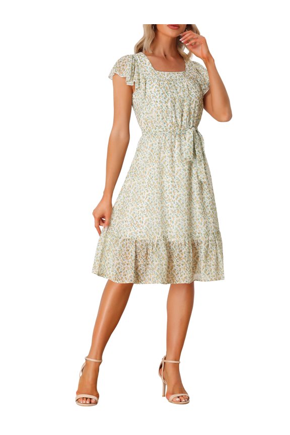 Women's Dress Floral Square Neck Flutter Cap Sleeves Ruffled Midi Wedding Guest Dress White Yellow L