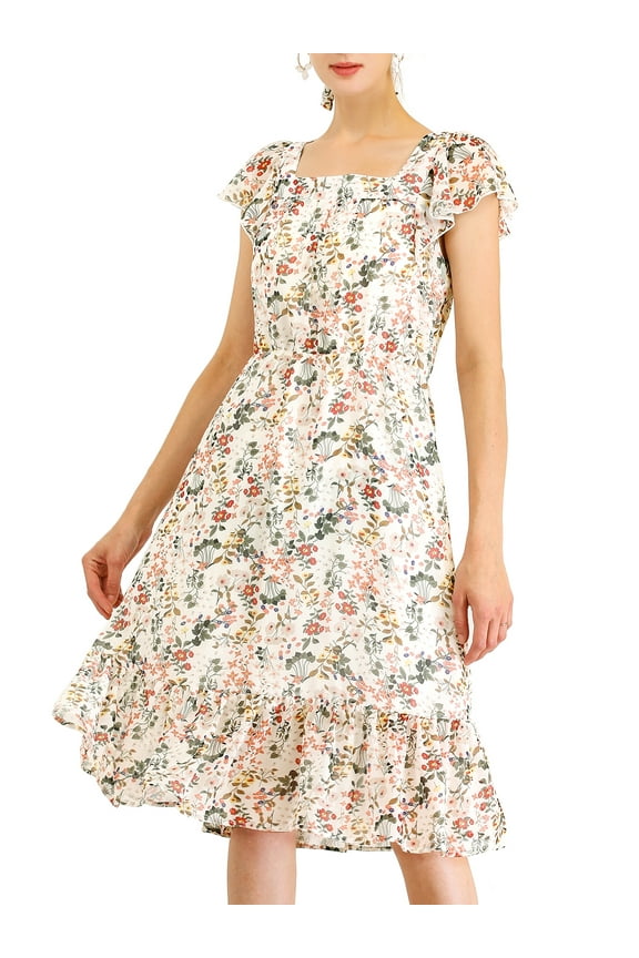 Women's Floral Print Elastic Waist Square Neck Ruffled Hem Belted Midi Dress White L