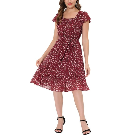 INSPIRE CHIC Women's Floral Print Elastic Waist Square Neck Ruffled Hem Belted Midi Dress Burgundy M