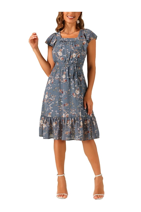 Women's Floral Print Elastic Waist Square Neck Ruffled Hem Belted Midi Dress Dusty Blue M