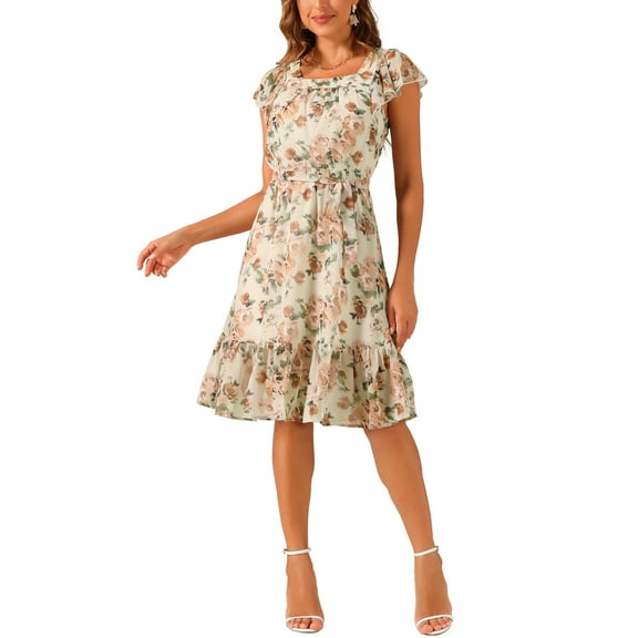 INSPIRE CHIC Women's Floral Print Elastic Waist Square Neck Ruffled Hem Belted Midi Dress Beige S