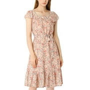 INSPIRE CHIC Women's Floral Midi Dress Square Neck Flutter Cap Sleeves Ruffled Hem A-Line Summer Wedding Guest Dress Pink S