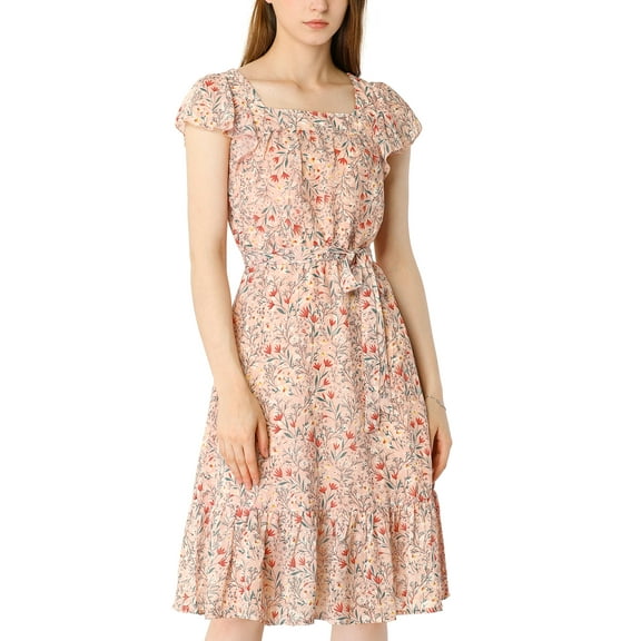 INSPIRE CHIC Women's Floral Print Elastic Waist Square Neck Ruffled Hem Belted Midi Dress Pink S