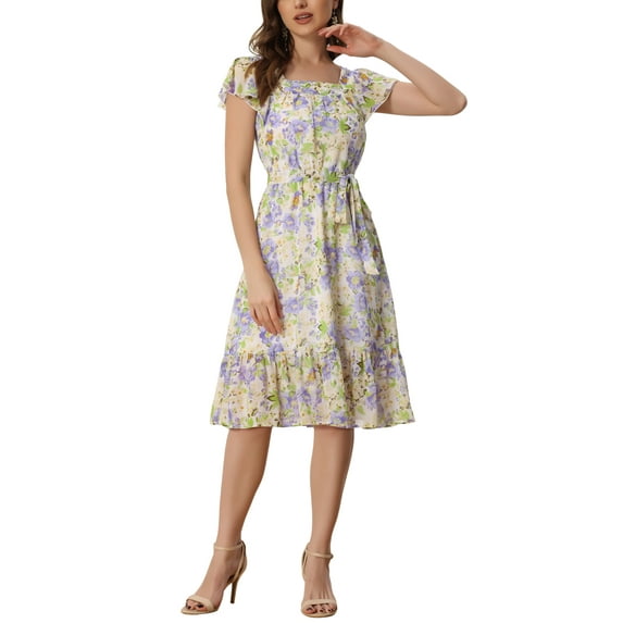 INSPIRE CHIC Women's Floral Print Elastic Waist Square Neck Ruffled Hem Belted Midi Dress Light Purple XL