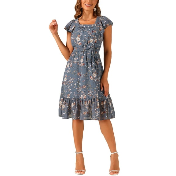 INSPIRE CHIC Women's Floral Print Elastic Waist Square Neck Ruffled Hem Belted Midi Dress Dusty Blue XS