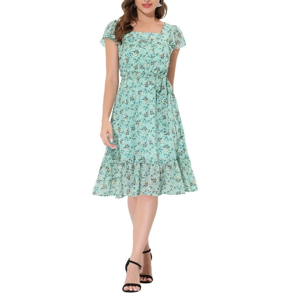 INSPIRE CHIC Women's Floral Print Elastic Waist Square Neck Ruffled Hem Belted Midi Dress Green XS