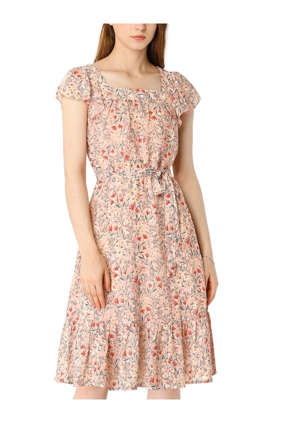 Women's Floral Print Elastic Waist Square Neck Ruffled Hem Belted Midi Dress Pink XS