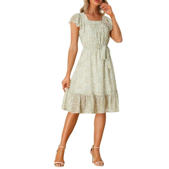 INSPIRE CHIC Women's Dress Floral Square Neck Flutter Cap Sleeves Ruffled Midi Wedding Guest Dress XS White Yellow