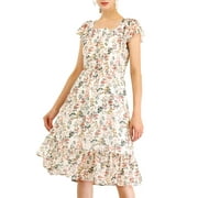 INSPIRE CHIC Women's Floral Print Elastic Waist Square Neck Ruffled Hem Belted Midi Dress White XS
