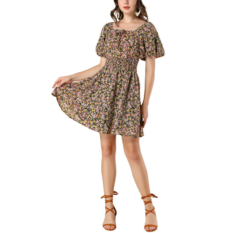 Allegra K Women's Floral Print Square Neck Smock Waist Puff Sleeve Short  Dress 