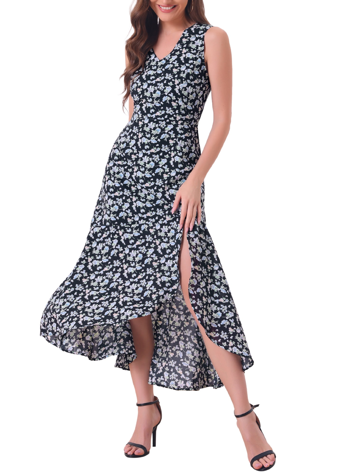 INSPIRE CHIC Women's Floral Print Summer A-Line High Low Side Slit  Sleeveless Midi Dress - Walmart Business Supplies
