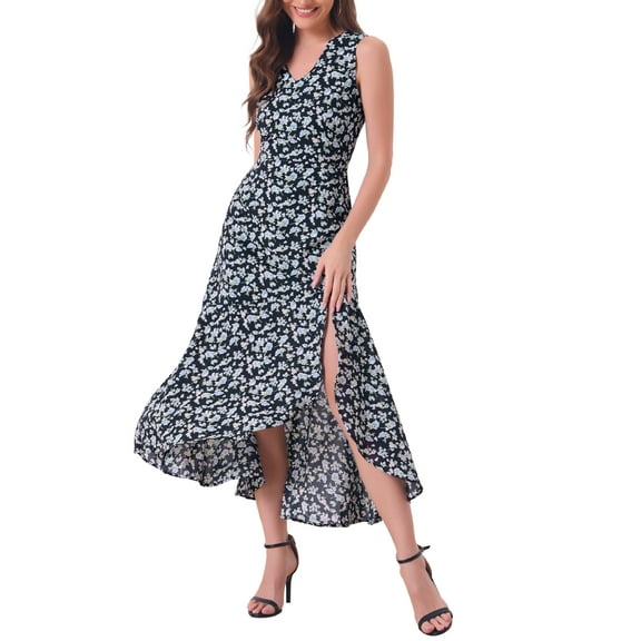 INSPIRE CHIC Women's Floral Print Summer A-Line High Low Side Slit Sleeveless Midi Dress