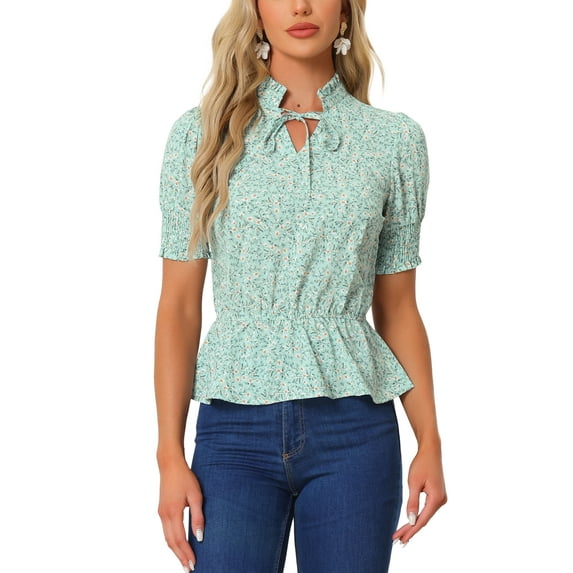 INSPIRE CHIC Women's Floral Print Summer Ruffle Neck Short Sleeve Peplum Top
