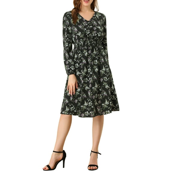 INSPIRE CHIC Women's Floral Print Swing Long Sleeve V-Neck Midi Dress