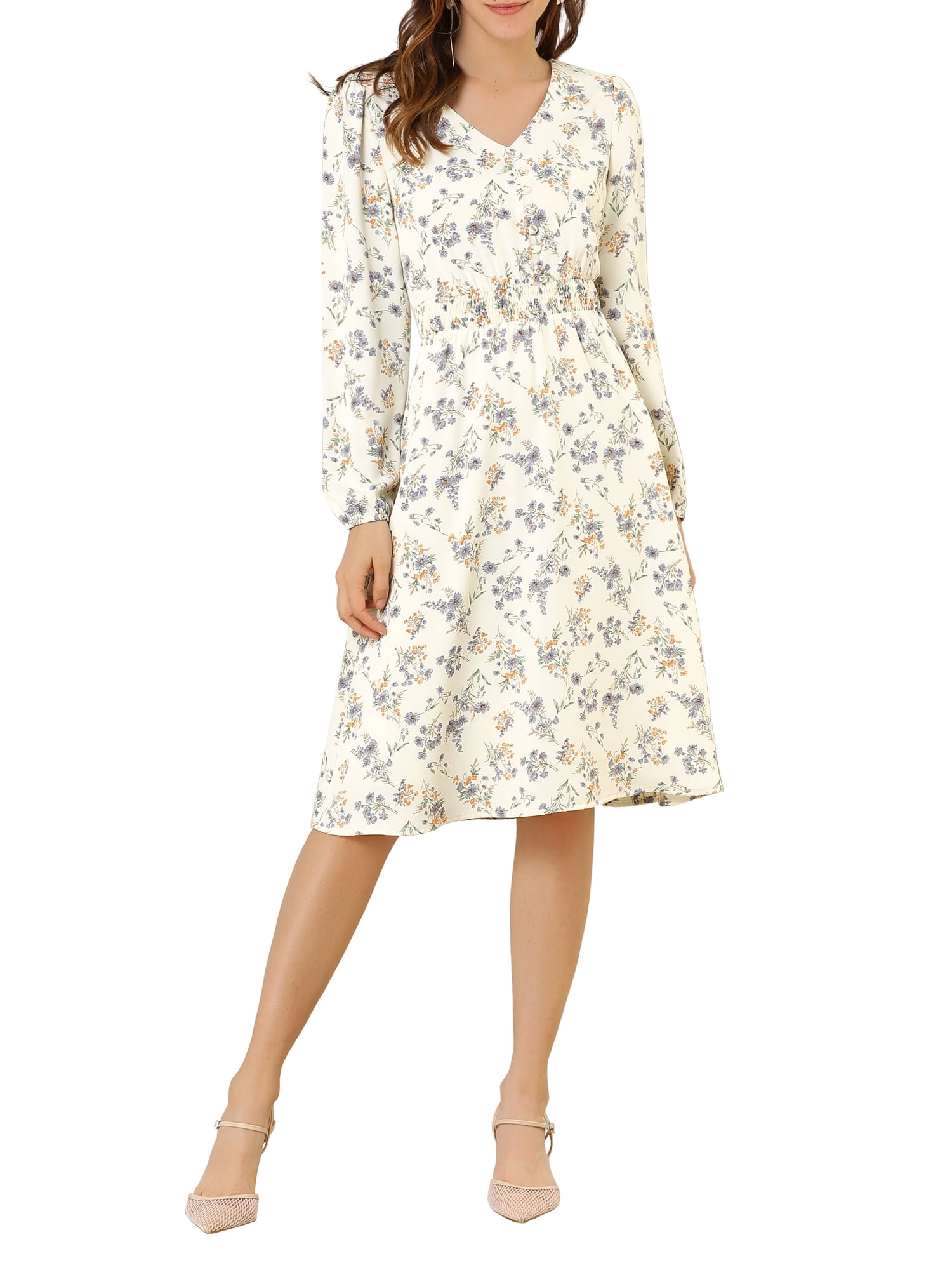 INSPIRE CHIC Women's Floral Print Swing Long Sleeve V-Neck Midi Dress ...