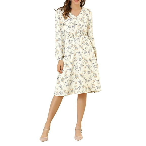 INSPIRE CHIC Women's Floral Print Swing Long Sleeve V-Neck Midi Dress